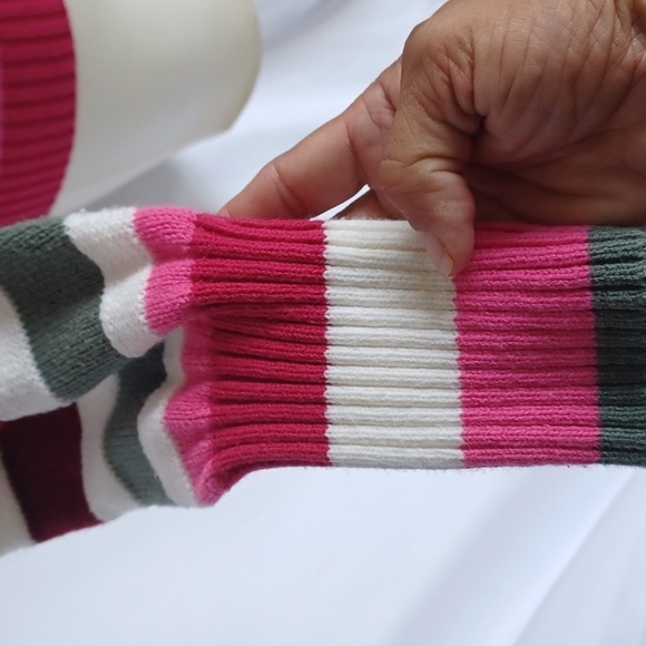 LOFT Striped Knit Crewneck Sweater Pink Green Burgundy Women’s S, 18" PTP, 23"L - Picture 3 of 6